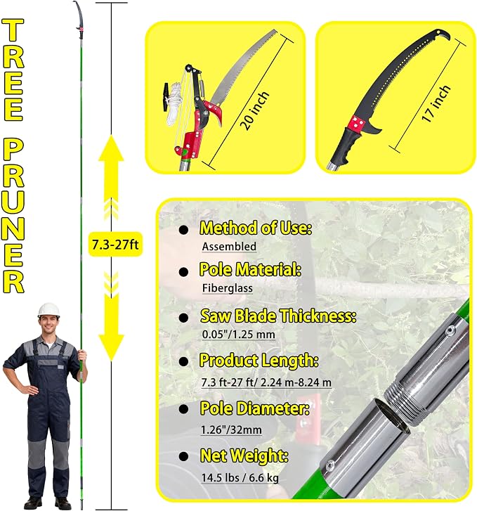 Manual Pole Saw, 7.3-27 ft Extendable Tree Pruner, Sharp Steel Blade & Scissors for High Branches Trimming, Lightweight 8 Fiberglass Handles, Ideal for Backyard/Garden Palm & Shrub Pruning