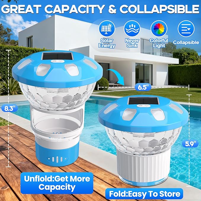 ChlorBlu2026 Upgrade Solar Chlorine Floater,Chlorine Floater with Colorful Lights,Buttons Control Floating Chlorine Dispenser for Pool,Adjustable Pool Chlorine Floater,Large Chlorine Pool Floater,Blue
