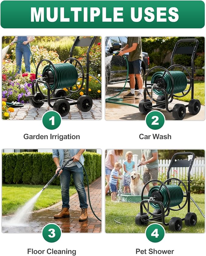 Outvita Garden Hose Reel Cart, Heavy Duty Water Hose Cart for Outside, Lawn Watering, for Garden, Yard, Lawn, Farm, Hold Up to 300 ft of 5/8’’ Hose, 4 PU Wheels, Storage Basket (Green)