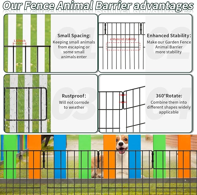 ULIOK Animal Barrier Fence, 25 Panels No Dig Fence, 27ft(L) x 17in(H) Dog Fencing Rabbit Fences, 1.52in Spike Spacing Rustproof Metal Fences Border for Outdoor Yard with Cable Ties and Cutting Plier