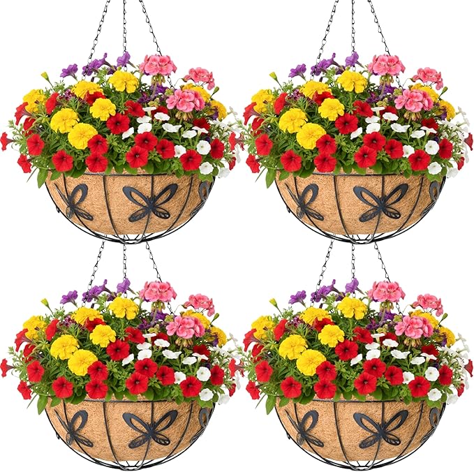 4 Pack 14 Inch Hanging Baskets for Plants Outdoor Metal Hanging Planter Basket with Coco Coir Liner Hanging Flower Baskets Hanging Flower Pots Holder for Garden, Patio(Butterfly)