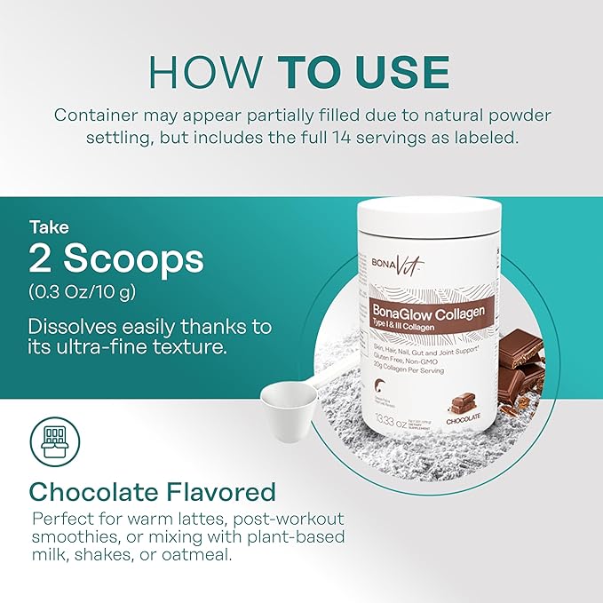 Collagen Peptides - Type I & III - Premium Hydrolyzed Collagen Powder - with Digestive Enzymes & Probiotics - High Dosis of Collagen & Protein - 14 Servings - BonaGlow Chocolate