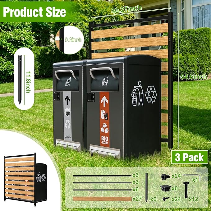 Metal Air Conditioner Fence 3 Panels - 40.27" W x 54.6" H Outdoor Privacy Screen, No Dig Wooden Privacy Screen for AC Unit, Trash Can, Pool Equipment, Yard Garden,Brown