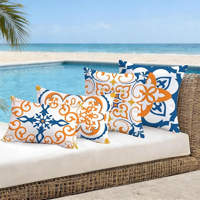 NIGHTWISH Outdoor Waterproof Pillow Covers 12x20 Set of 4 Yellow Boho Decorative Outdoor Throw Pillows Floral Cushion Cases for Patio Furniture Bench Couch Sunbrella