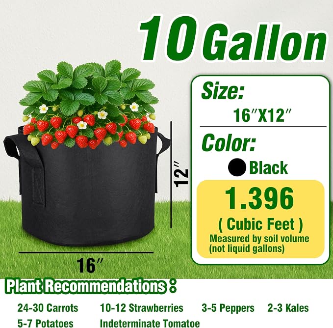12-Pack 10 Gallon Grow Bags, Heavy Duty Fabric Pots with Handles, Reusable Plant Bags for Vegetable, Herbs & Flowers, BPA-Free, Breathable, Durable