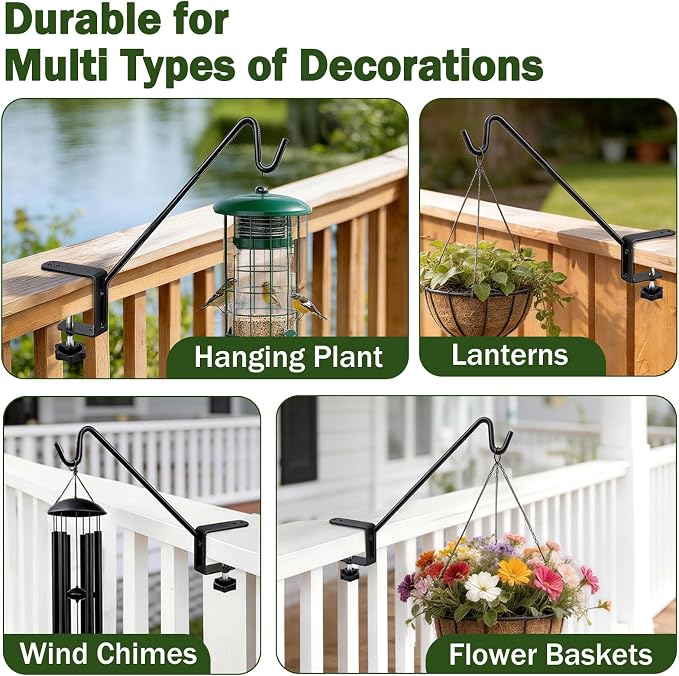 11 Inch Deck Railing Plant Hanger,2 Pack Deck Hooks Hanger for Railing Heavy Duty,Solid Iron Shepherds Hook for Deck Railing & Bird Feeders for Outdoors,Plant Hanger Bracket for Balcony,Porch