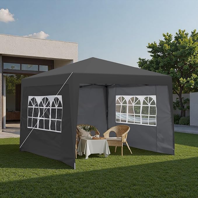 10x10FT Canopy Tent, Outdoor Gazebo Pop up Canopy with 4 Removable Sidewalls & 2 Windows, Patio Camping Shade Canopy with 4 PCS Weight Sand Bag & Carry Bag, Ideal for Parties Events, Black