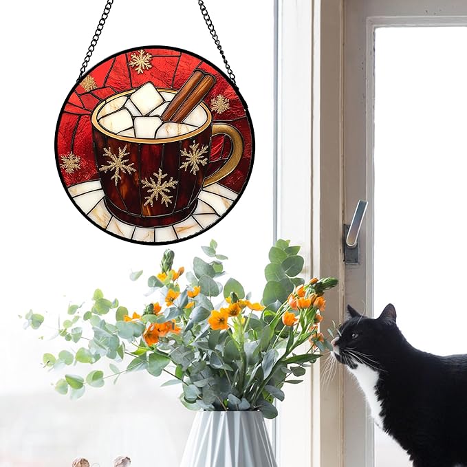 DASTOLL Stained Glass Window Hanging 4 Pcs Set Red Christmas Themed Decorations 7.8" - Suncatcher Door Garden Sun Catcher Decor Birthday New Year for Mom Woman Nana Men
