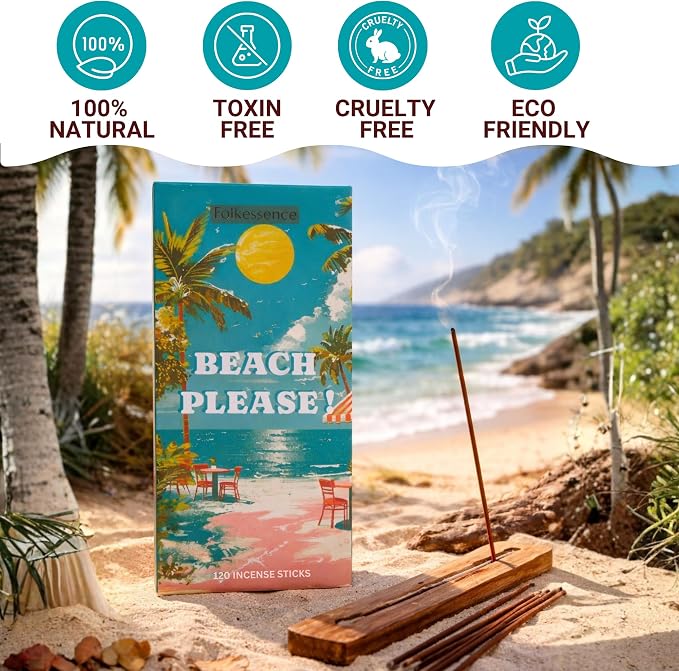 Folkulture Incense Sticks (120 Sticks)| Beach Vibes Ocen Salt Summer Incense for Odor Neutralizer, Relaxation, Aromatherapy | Long Burning, Charcoal-Free, Non-Toxic Insence-Sticks for Summer Gifts