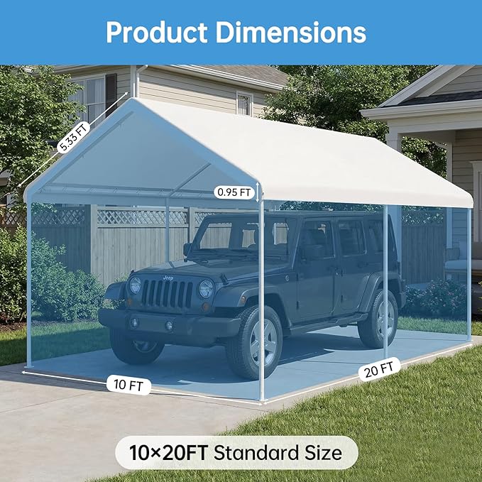 Carport Canopy Replacement Cover, 180G Heavy-Duty PE Fabric Garage Canopy Replacement Cover, 10×20FT Carport Tent, White (Frame not Included)