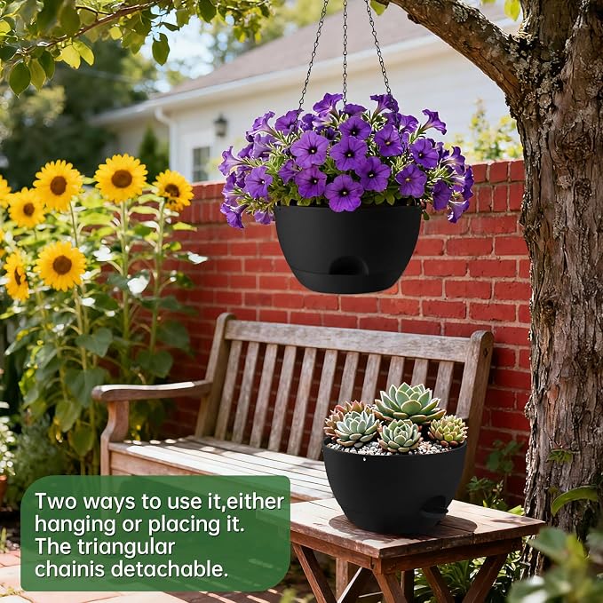 3-Piece Set of 10-Inch Hanging Planters with Automatic Watering System and Drip Tray, Includes Metal Chain, Suitable for Various Indoor and Outdoor Plants and Flowers,Black
