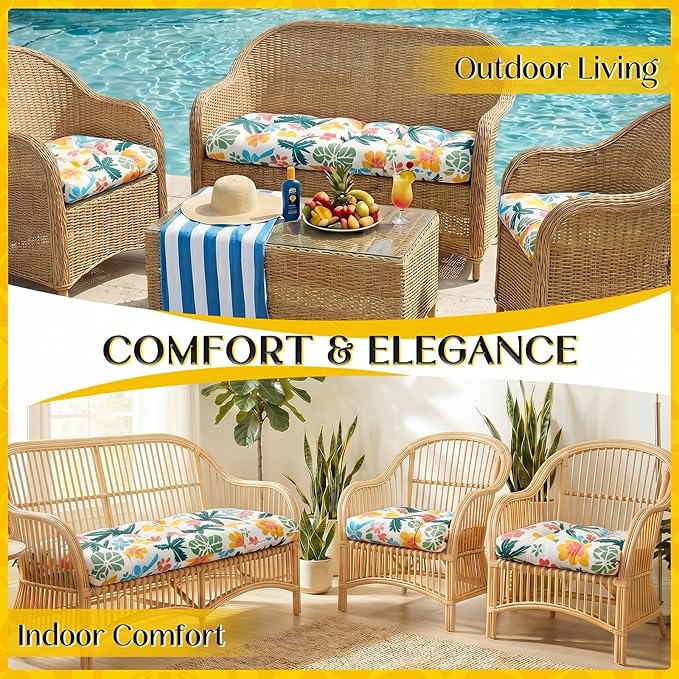 1 MIDDLE ONE Wicker Chair Cushions 3 Pieces Set for Outdoor Furniture, Replacement Patio Wicker Furniture Cushions, 1Pc Loveseat Cushion & 2Pcs Chair Cushions (Tropical Palm Floral)