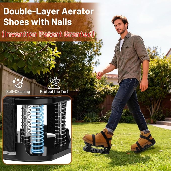 Lawn Aerator Shoes, Pre-Installed Two-Layer Spike Aerator Shoes Tool with Hook-and-Loop Adjustable Straps, Durable and Self-Cleaning for Patio Garden Soil and Plat Grassland, B & S