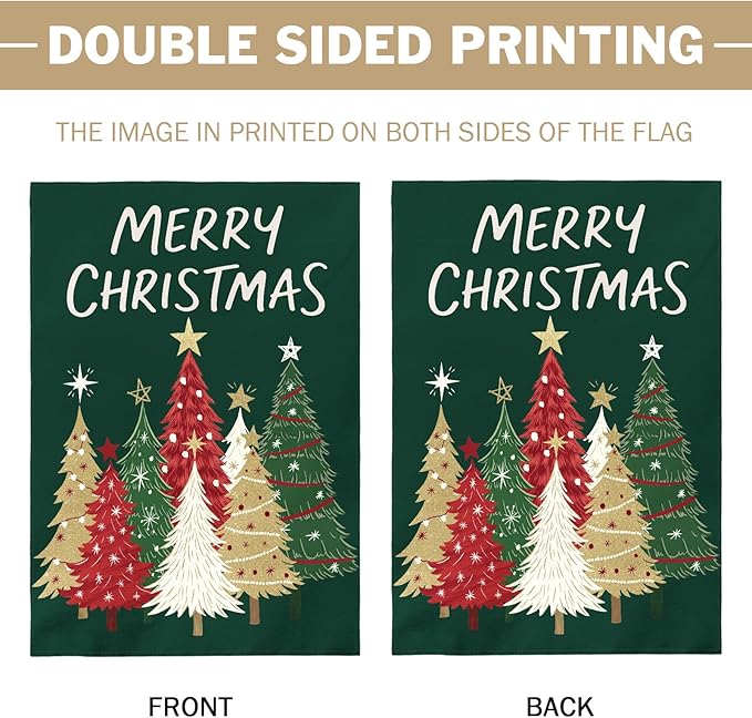 Merry Christmas House Flag 28x40 Inch Forest Green Xmas Tree Holiday Winter Decorative Garden Flags for Outside Double Sided Seasonal Outdoor Home Farmhouse Decoration Porch Yard New Year Decor