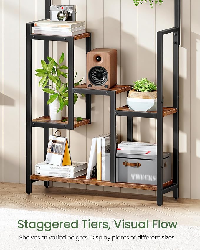 CHOEZON Plant Stand Indoor, 63" Tall Wooden Plant Shelf with Hanging Hooks and Staggered Tiers, Freestanding Flower Rack for Living Room, Balcony, Corner, Rustic Brown and Black TCJ41BF