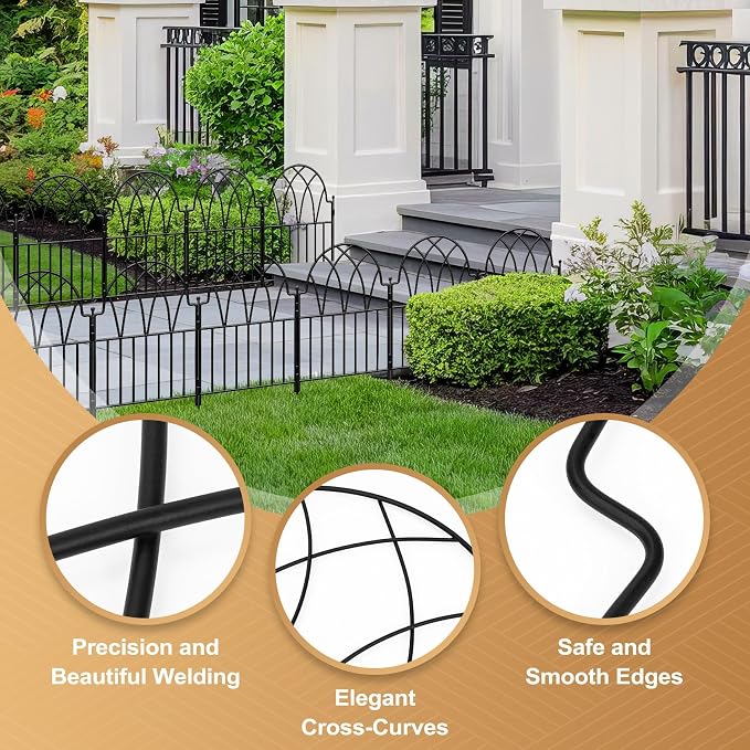 Garden Fence - 17 in(H) x 10.56ft(L) Arched Metal Fence Panel No Dig Fence, Ground Stake Animal Barrier Fence for Dog, Flower Bed Edging Wire Border Panel Fencing for Yard Patio Outdoor Decor