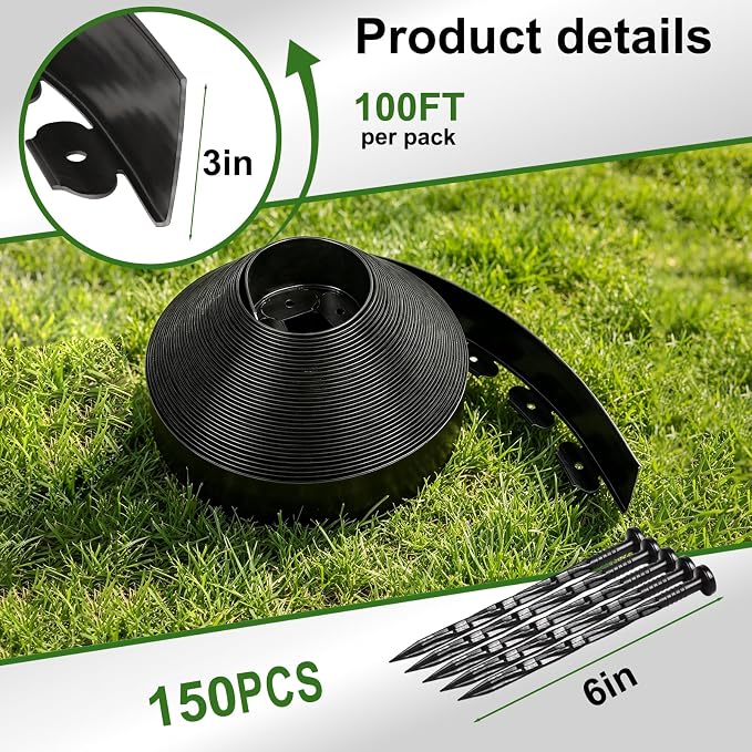 3 Inch x 100FT Garden Edging Border, Plastic Edging for Landscaping with 150pcs Spikes