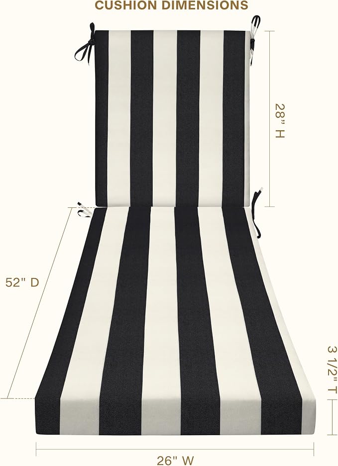 Honeycomb Outdoor Chaise Lounge Cushion for Patio Furniture, Water & Fade Resistant, Removable Cover, 26 x 80, Heritage Cabana Stripe Black and Ivory