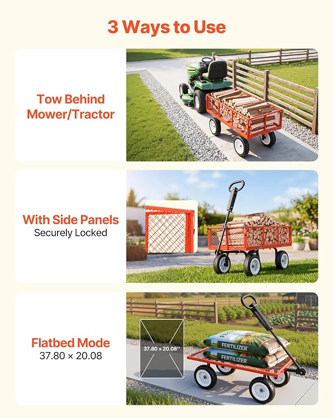 VEVOR 900 LBS Steel Garden Cart, 2 in 1 Handle, Heavy Duty Pullable Garden Wagon with 10" Flat-Free Tires, Outdoor Utility Yard Wagon Cart with Detachable Side Panels, Attach to ATV or Tractor, Red