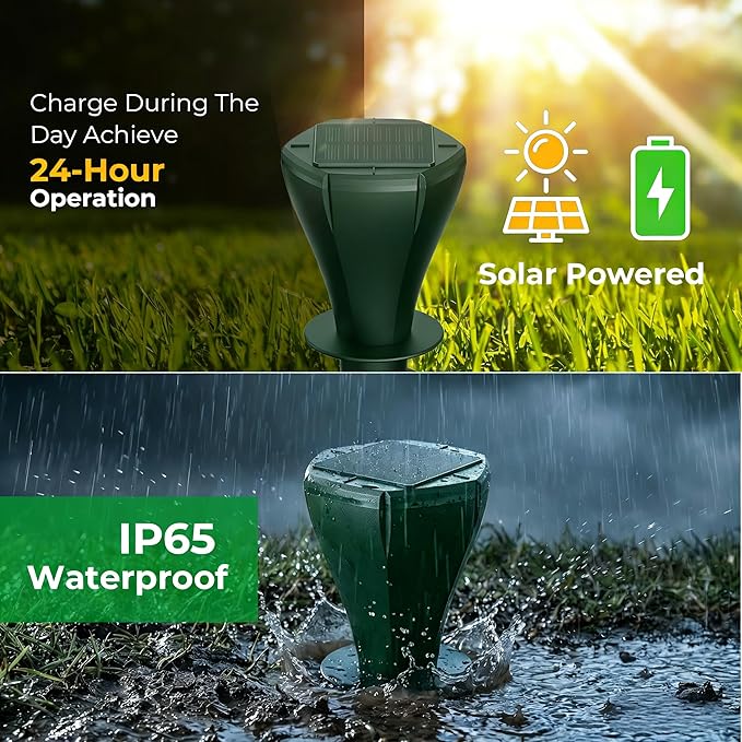 Solar Powered Mole Repellent for Lawns, 4 Packs Ultrasonic Vole Repeller Outdoor, IP 65 Waterproof Outdoor Ultrasonic Mole Deterrent Get Rid of Gopher Vole Skunk Groundhog Snake in Garden Yard Lawn