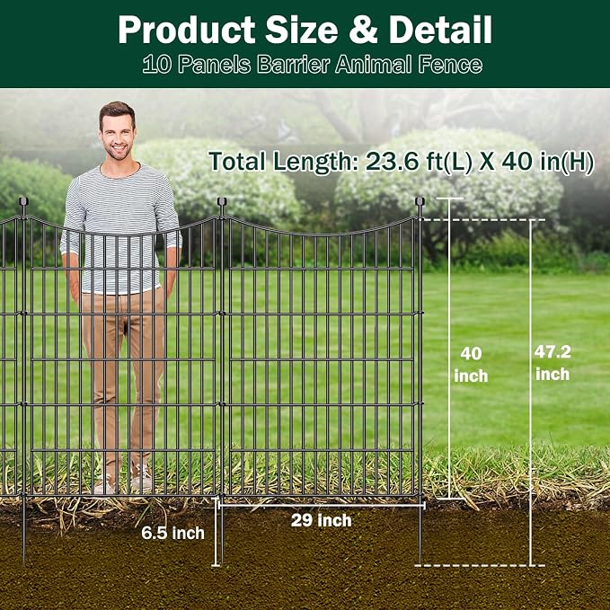 10 Panels No Dig Dog Fence Outdoor for Yard, 40 in(H) X 23.6 ft(L) Decorative Tall Garden Fence Animal Barrier, Rustproof Metal Wire Garden Edging and Borders, Temporary Fencing Stakes