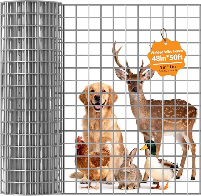 Welded Wire Fence 1‘’x 1‘’ 48in x 50 ft,Vinyl Coated Welded Wire Mesh Roll,16GA Heavy Duty Galvanized Chicken Wire Fencing, Hardware Cloth for Yard Vegetable Protection Goat & Poultry Netting