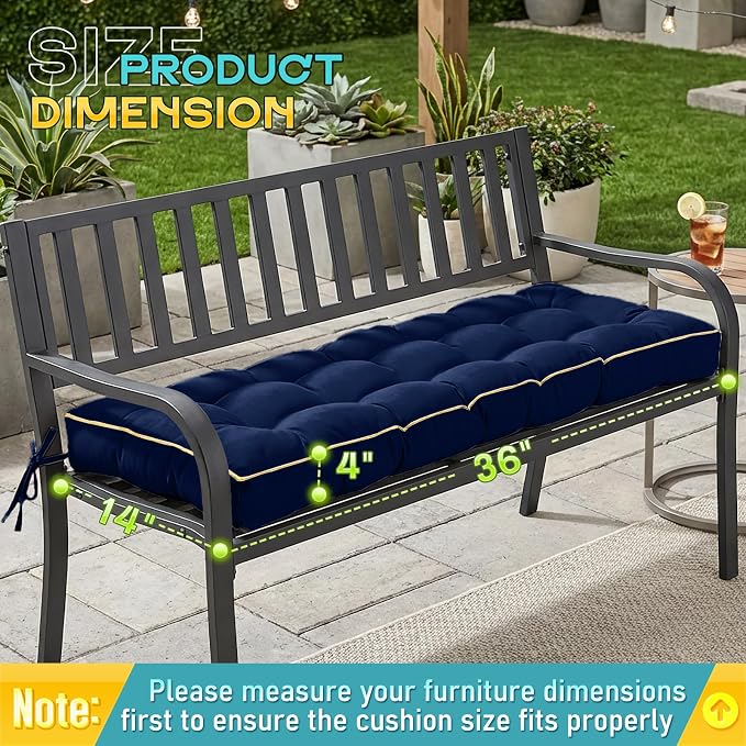Outdoor Bench Cushion, Tufted Patio Seat Pad for Garden Bench, Porch Swing, Indoor/Outoor Furniture (Blue, 36X14X4 inch)