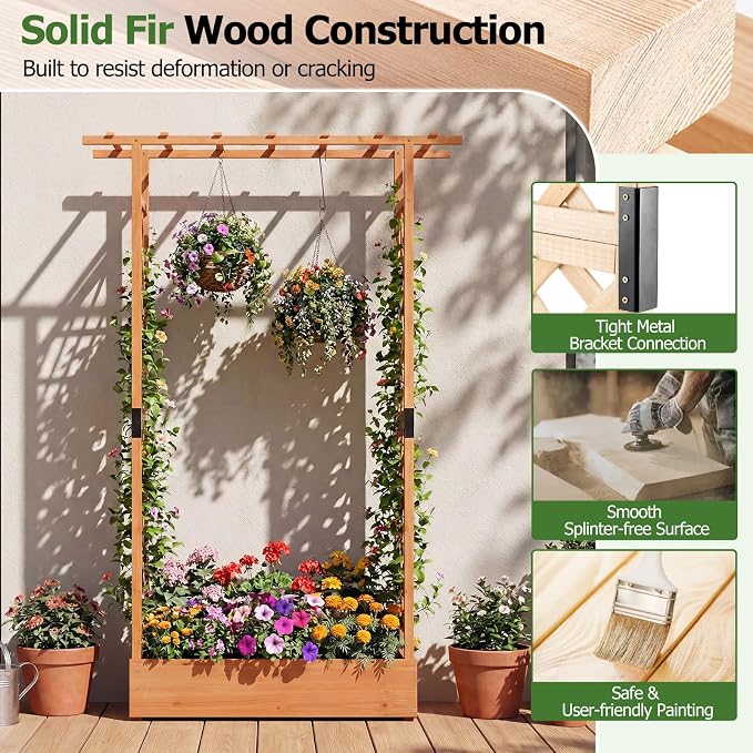 HAPPYGRILL 89" Raised Garden Bed with Trellis & Hanging Roof, Wooden Planter Box with 4 Drainage Holes, Outdoor Wood Elevated Garden Bed for Climbing Plants Vines Vegetables Flowers (Orange,1)