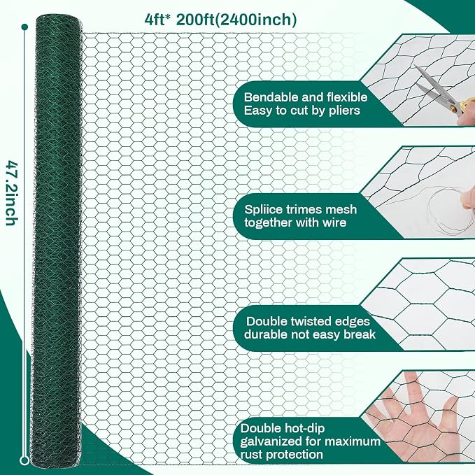GlikCeil 48 in X 200 ft Chicken Wire Fencing Metal Floral Chicken Wire Mesh for Crafts Poultry Garden, 1 Inch Hexagonal Galvanized Hardware Cloth Netting for Poultry Coop Barrier Rabbit Cage(Green)