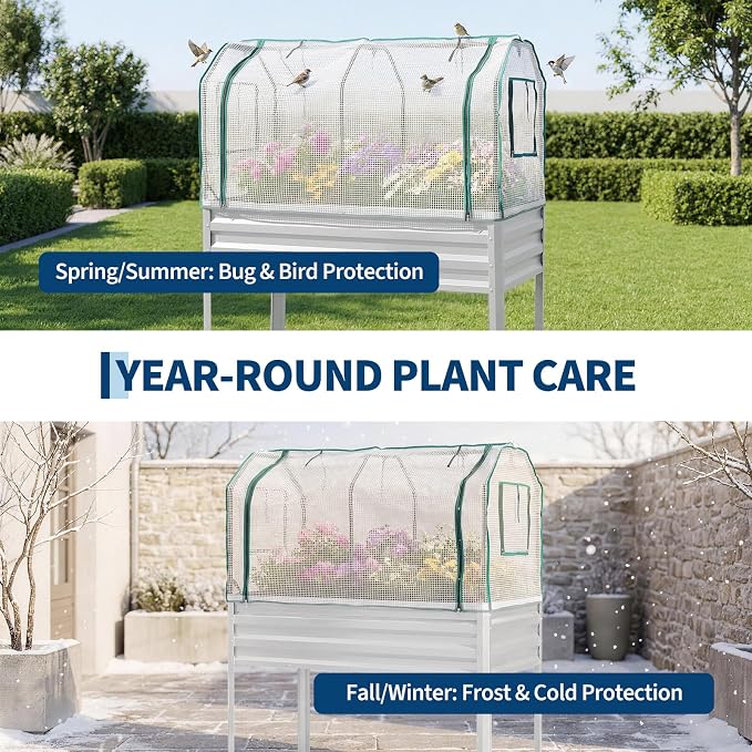 48×24×56in Galvanized Elevated Raised Garden Bed with Legs, Greenhouse Cover & Bird Net, Deep Metal Raised Planter Box for Backyard Patio Balcony Vegetables Herbs Flowers
