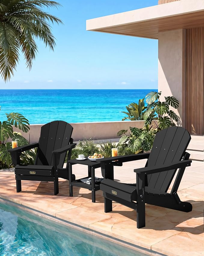 SERWALL Foldable Adirondack Chair with Cup Holder Set of 2, All Weather Adirondack Chairs for Patio Garden Outdoors Fire Pit - Black