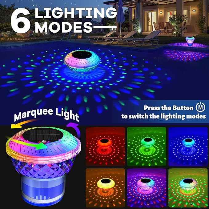 Pool Chlorine Floater with Marquee Light,Color-Changing Chlorine Floater with Button Control,Floating chlorines Dispenser for Pool,Adjustable Release Solar chlorines floaters for Hot Tub,Blue