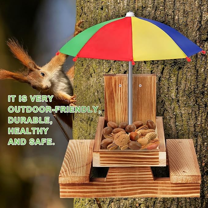 Gnodary Squirrel Feeder with Umbrella, Squirrel Feeders for Outside, Squirrel Picnic Table Feeder - Chipmunk Feeder Hold Corn, Corn Cob, Peanuts Style2 (Multiple Color)