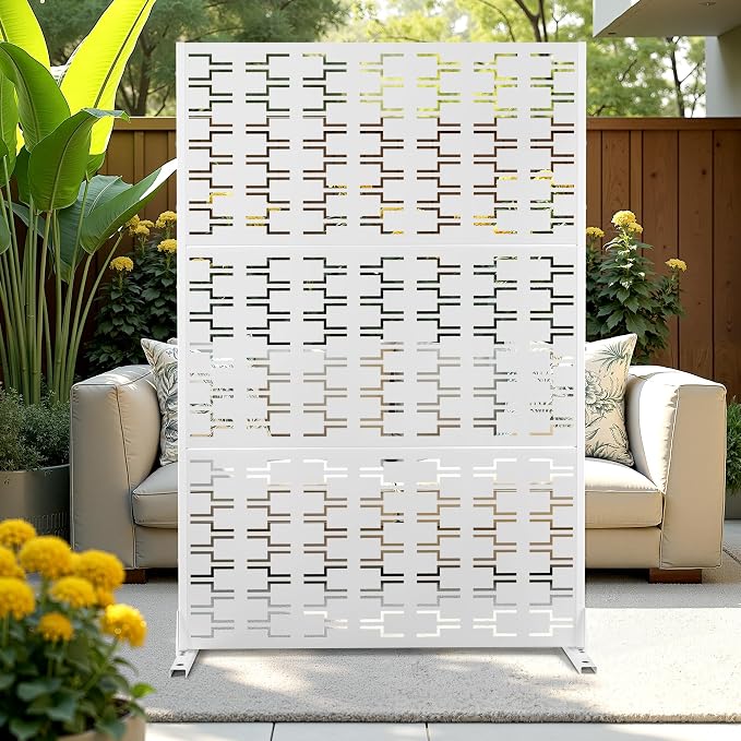 Outdoor Privacy Screen Metal Privacy Fence Freestanding Screen Fence, Decorative, Weather-Resistant, Privacy Protection, 72’’H×47’’W, White (3 Panels)