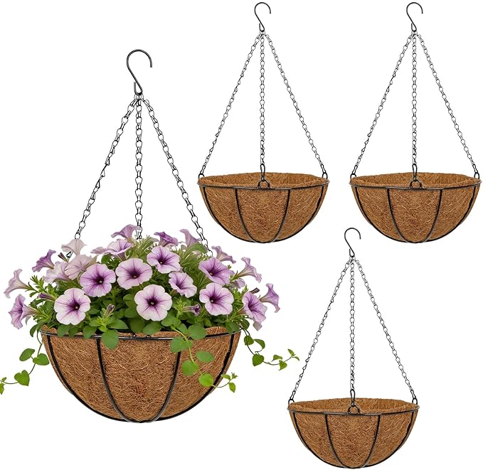 10 Inch Metal Hanging Basket with Coco Coir Liner for Flowers Planting, 4 Pack Hanging Baskets for Plants Outdoor, Round Wire Planters with Chain for Home Patio Porch Balcony Garden Decor