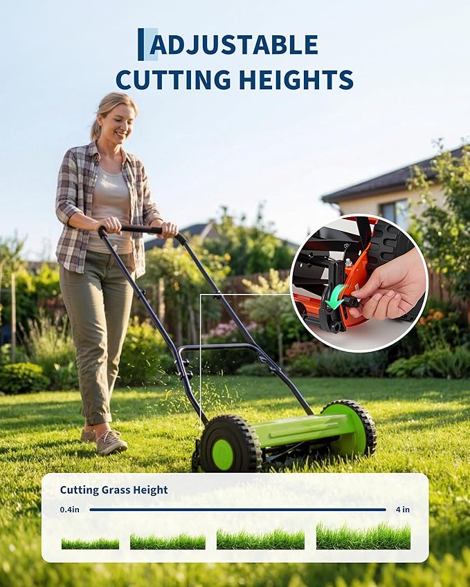 16 Inch Manual Reel Lawn Mower, 5-Blade Push Reel Mower with Adjustable Cutting Height, Walk-Behind Compact Hand Push Mower for Small Yards, Quiet Cordless Mowing (Green) — No Grass Catcher Bag
