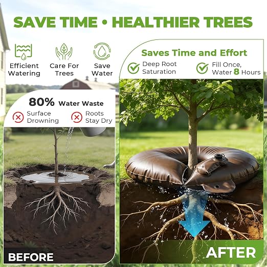 HIRALIY 10 Gallon Tree Watering Bag, 4 Pack Watering Ring, Slow Release 1-3 Days, Deep Root & Automatic Drip Irrigation System, for Multi-Trunk Newly Planted Small Trees and Shrubs