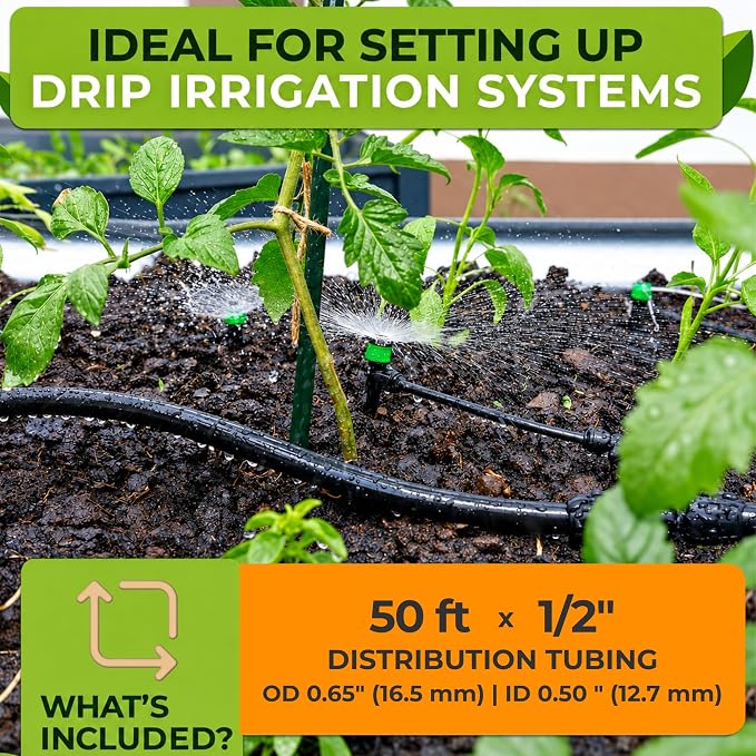 Carpathen 50 FT 1/2 Irrigation Tubing Mainline - Flexible Drip Irrigation Tubing Perfect for Push-To-Connect Garden Irrigation System, or as Blank Distribution Hose for Any Gardening Project