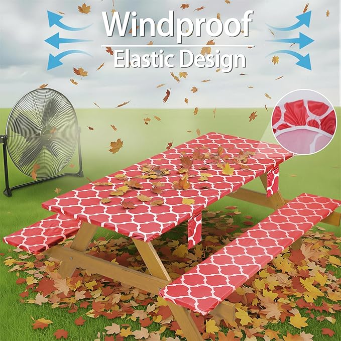 Fitted Waterproof Picnic Table Cover with Bench Covers Elastic Heat Resistant Outdoor Camping Tablecloth for 6 Foot Dinning Rectangle Tables Summer Rv Patio Garden Road Trip Essential Gift