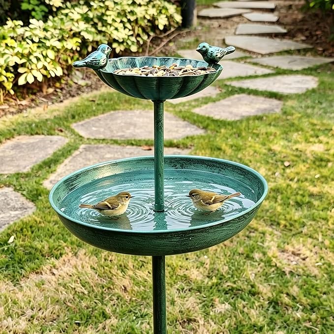 JOYBEE 38In Metal Double Bird Bathtub Stake for Outside, Vintage Freestanding Birdbaths, Bird Baths Feeder Bowl for Outdoors Garden Patio Yard Lawn Decor, Upgraded 5-Pronged Base (Blue)