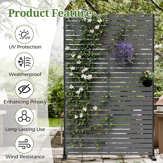 Privacy Screen Outdoor 72" Hx47 W Freestanding Privacy Panel with Stand, HDPE Decorative Privacy Fence with Sandblasting Louver Pattern, Patio Divider Screen, Privacy Screens for Outside