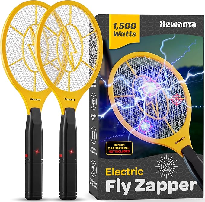 Electric Fly Swatter Handheld Bug Zapper Racket for Indoor/Outdoor - Powerfull 1500 Volt Instant Flies/Bug & Mosquito - Portable Fly Zapper Battery Operated (AA Batteries not Included)