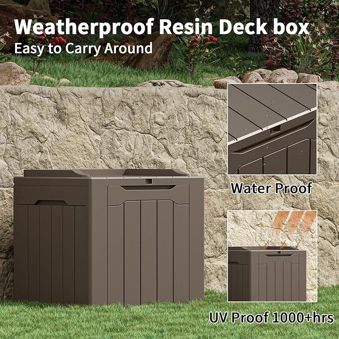 Greesum 31 Gal Resin Deck Box,Outdoor Storage for Patio,Garden Tools,Pool Supplies, Weatherproof and UV Resistant, Lockable, Dark Brown