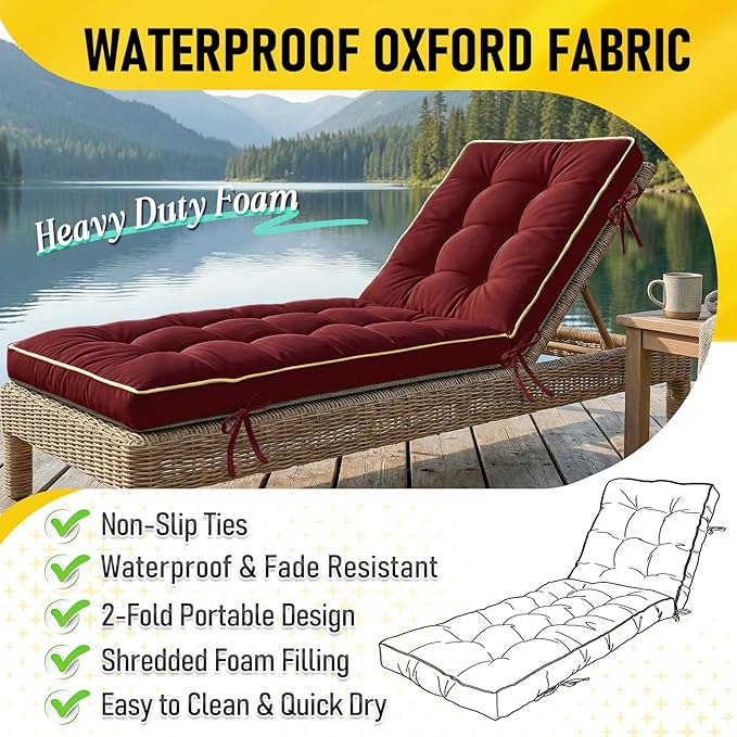 2 Pack 72x21 Inch Folding Chaise Lounge Cushion Quick Dry - Outdoor Sun Lounger Seat Pad with Shredded Foam for Patio Furniture, Deck Chairs, Poolside (RED, 72 INCH × 21 INCH-2 Pack)