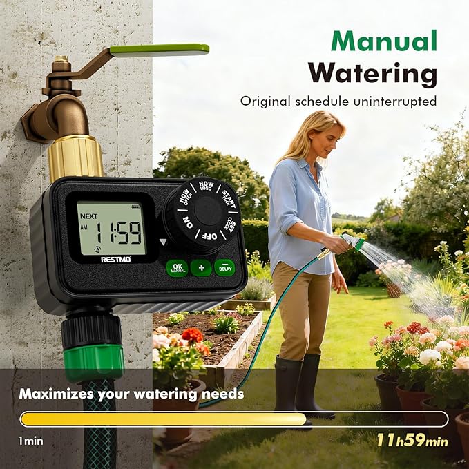 RESTMO Sprinkler Timer for Outdoor Hose Faucet, Up to 11h59m Programmable Watering Timer for Soaker Hose, Filling, Misting with Brass Inlet & Large Dial, Rain Delay/Manual/Automatic Irrigation System
