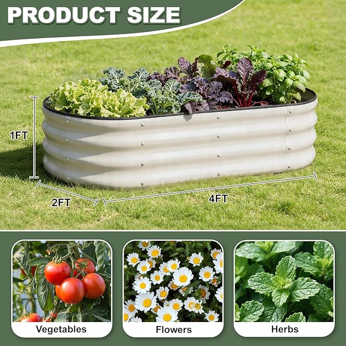 1MORE Galvanized Raised Garden Bed- Planter Garden Boxes Outdoor, Raised Beds for Gardening, 4x2x1ft Metal Garden Bed Kit for Vegetables Flower, Planter Raised Beds with Protective Tape & Tools.White