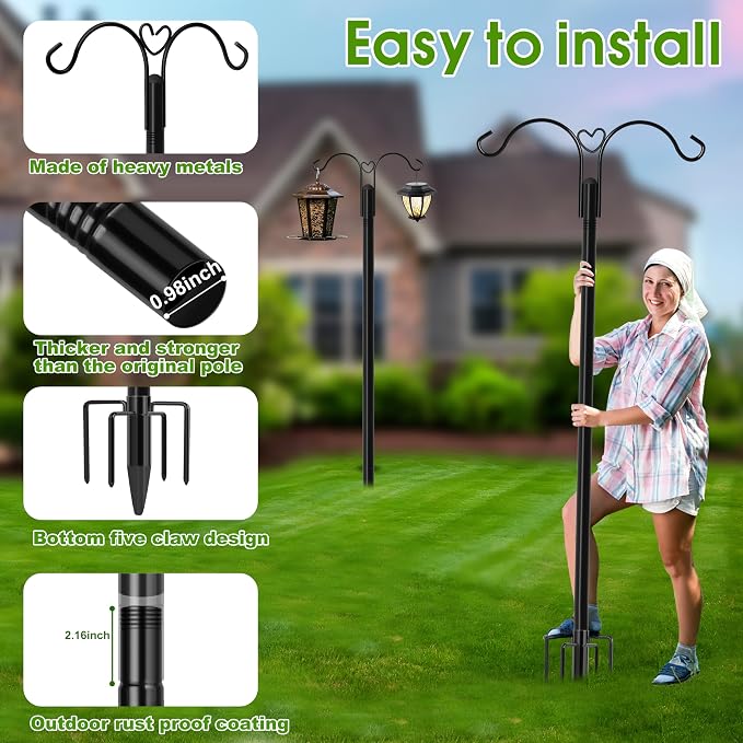 XDW-GIFTS Shepherds Hooks for Outdoor, 2-Pack 92 Inch Heavy Duty Bird Feeder Pole, Garden Pole for Hanging Plants, Lantern, Hummingbird Feeder, Hanging Plant Stand with 5 Base Prongs