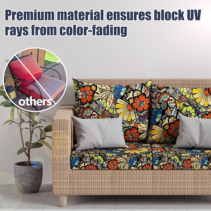 14Pcs Patio Stretch Cushion Covers, Outdoor Couch & Sofa Replacement Slipcovers for Patio Furniture Cushion Covers, Washable Reusable Furniture Protector, Square Large, Art Flower