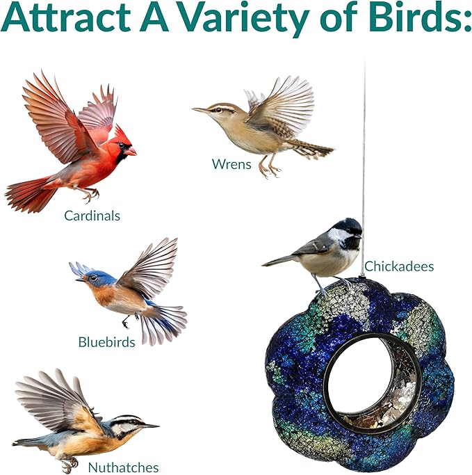 Sunnydaze 10-Inch Glass Mosaic Hanging Bird Feeder for Outdoors - Fly-Through Glass Bird Feeder for Cardinals, Jays, Finches and More - Indigo Flower Mosaic