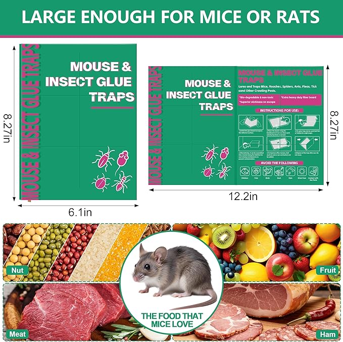 12 Pack Sticky Mouse Traps, Sticky Traps for Rats Mice Rodents Snakes No Touch Indoor Mouse Traps for Home Kitchen Garage Attic Basements, Easy to Set, Green